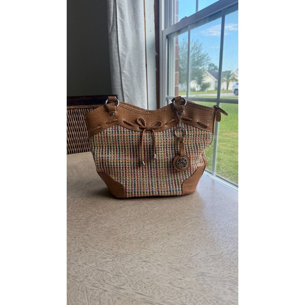 Bueno Multicolor Woven Shoulder Bag Tote Tan Faux Croc Boho Raffia Purse